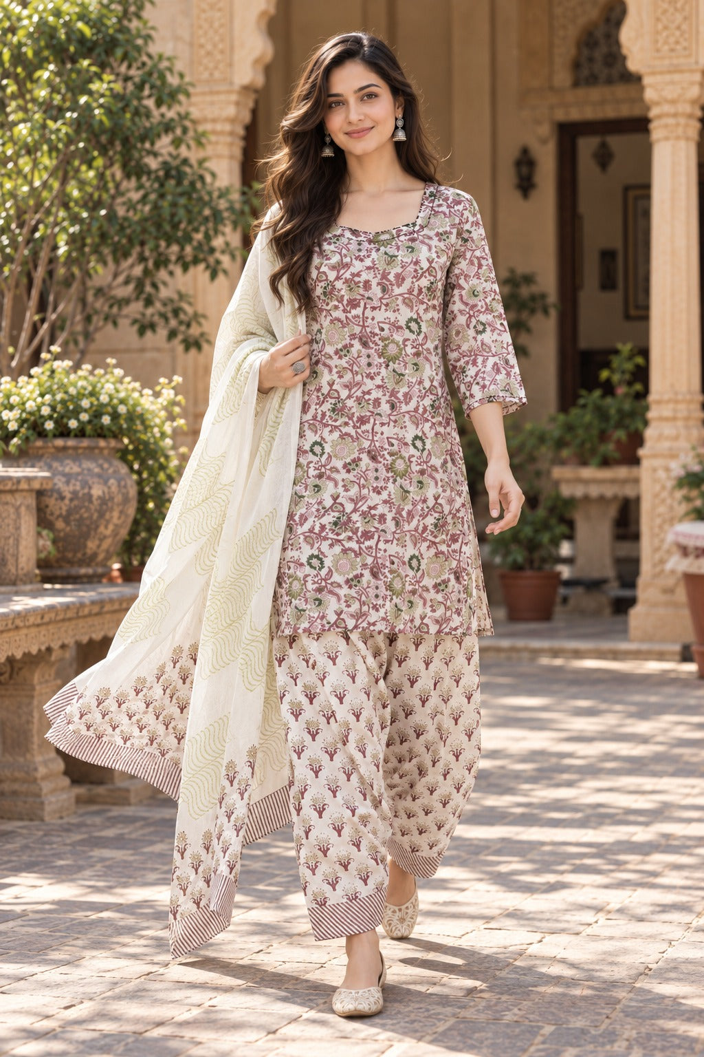 ERISHA Meher Ivory Floral Printed Farshi Salwar Suit Set with Dupatta