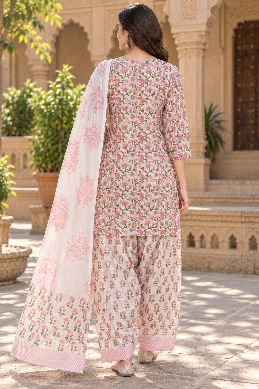 ERISHA Gulnaar Pink Floral Printed Farshi Salwar Suit Set with Dupatta
