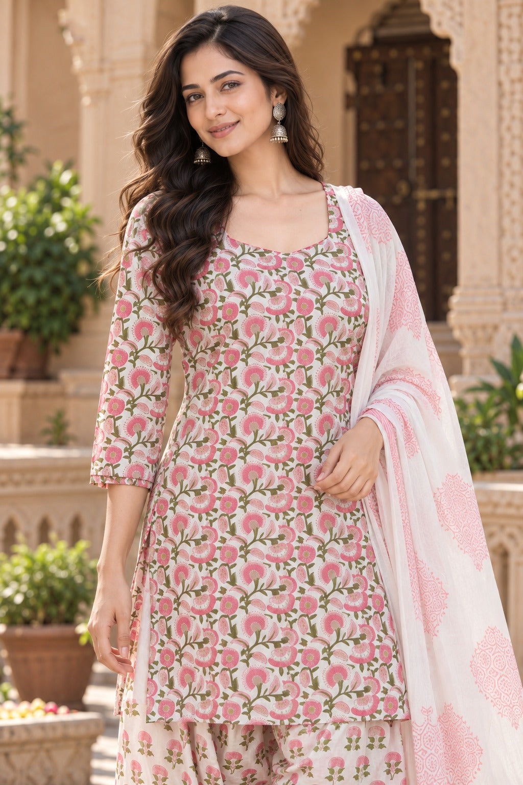 ERISHA Gulnaar Pink Floral Printed Farshi Salwar Suit Set with Dupatta