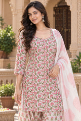 ERISHA Gulnaar Pink Floral Printed Farshi Salwar Suit Set with Dupatta