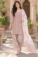 ERISHA Gulnaar Pink Floral Printed Farshi Salwar Suit Set with Dupatta