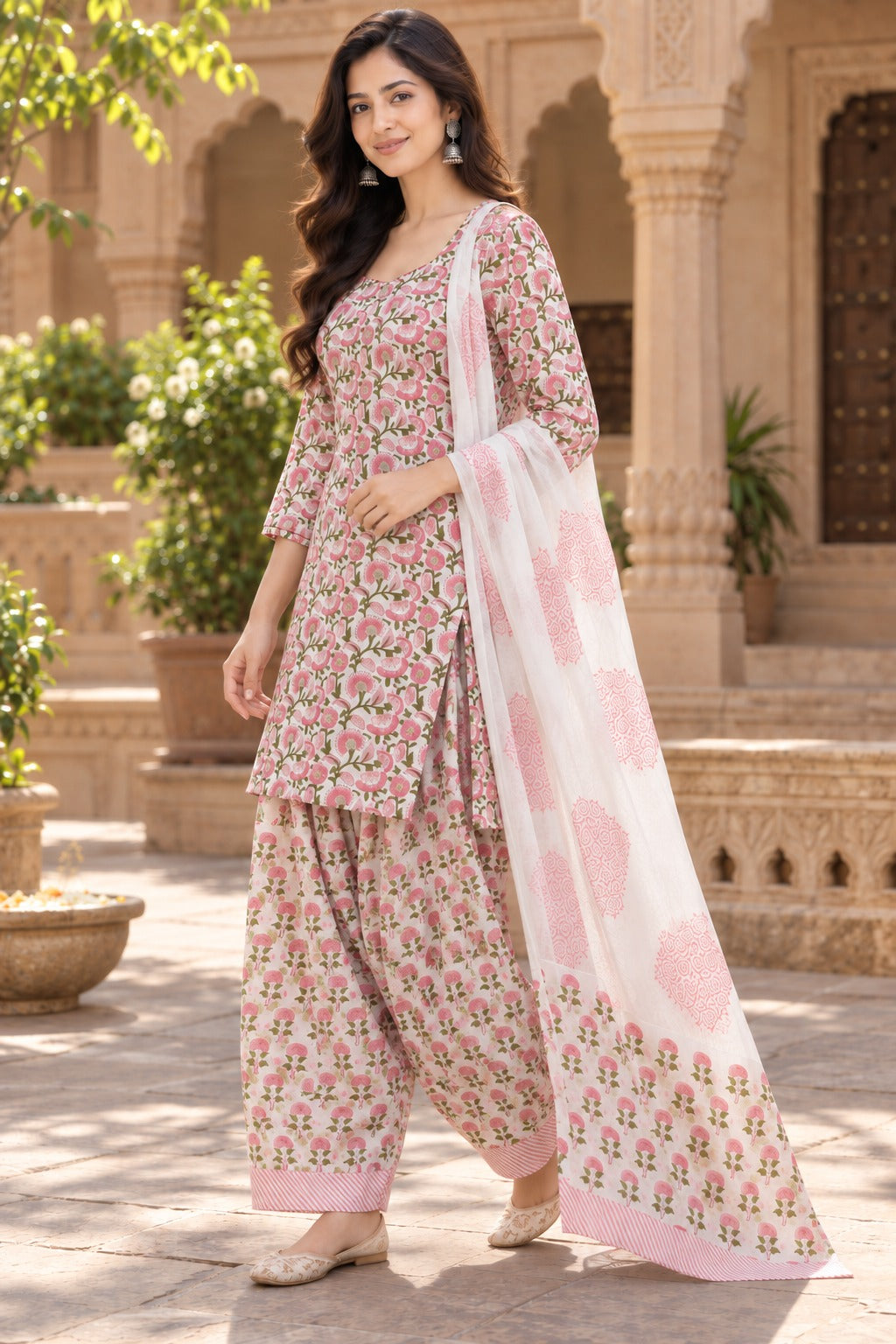 ERISHA Gulnaar Pink Floral Printed Farshi Salwar Suit Set with Dupatta