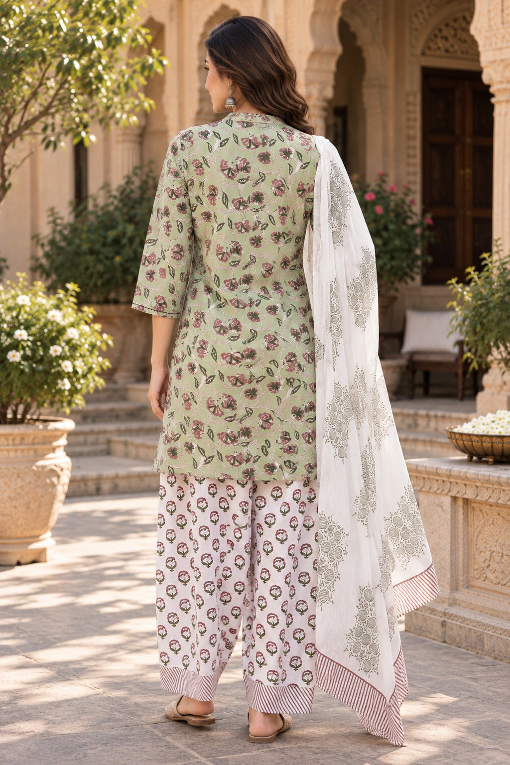 ERISHA Aarvi Sage Green Floral Printed Farshi Salwar Suit Set with Dupatta