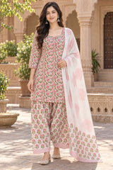 ERISHA Gulnaar Pink Floral Printed Farshi Salwar Suit Set with Dupatta