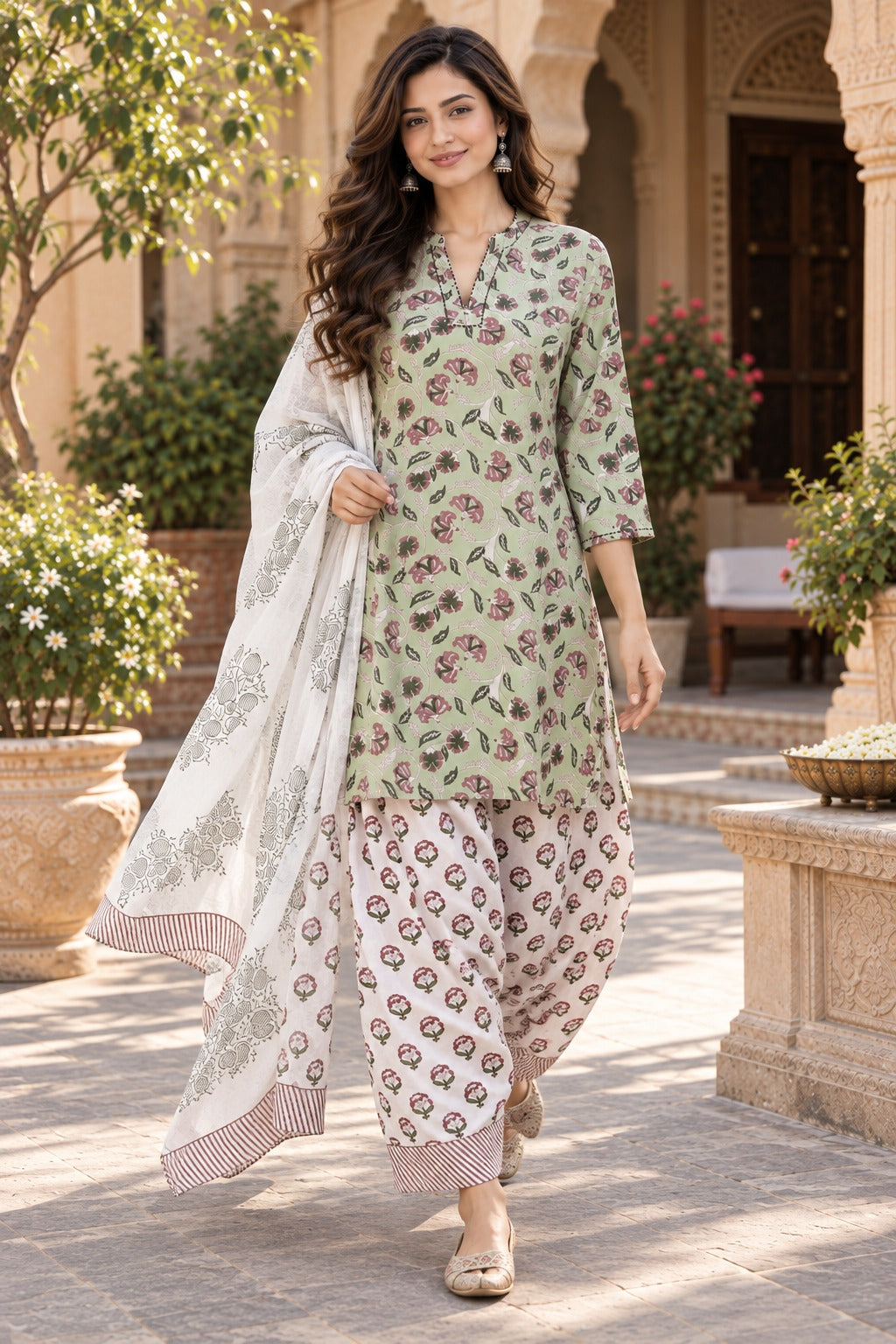 ERISHA Aarvi Sage Green Floral Printed Farshi Salwar Suit Set with Dupatta