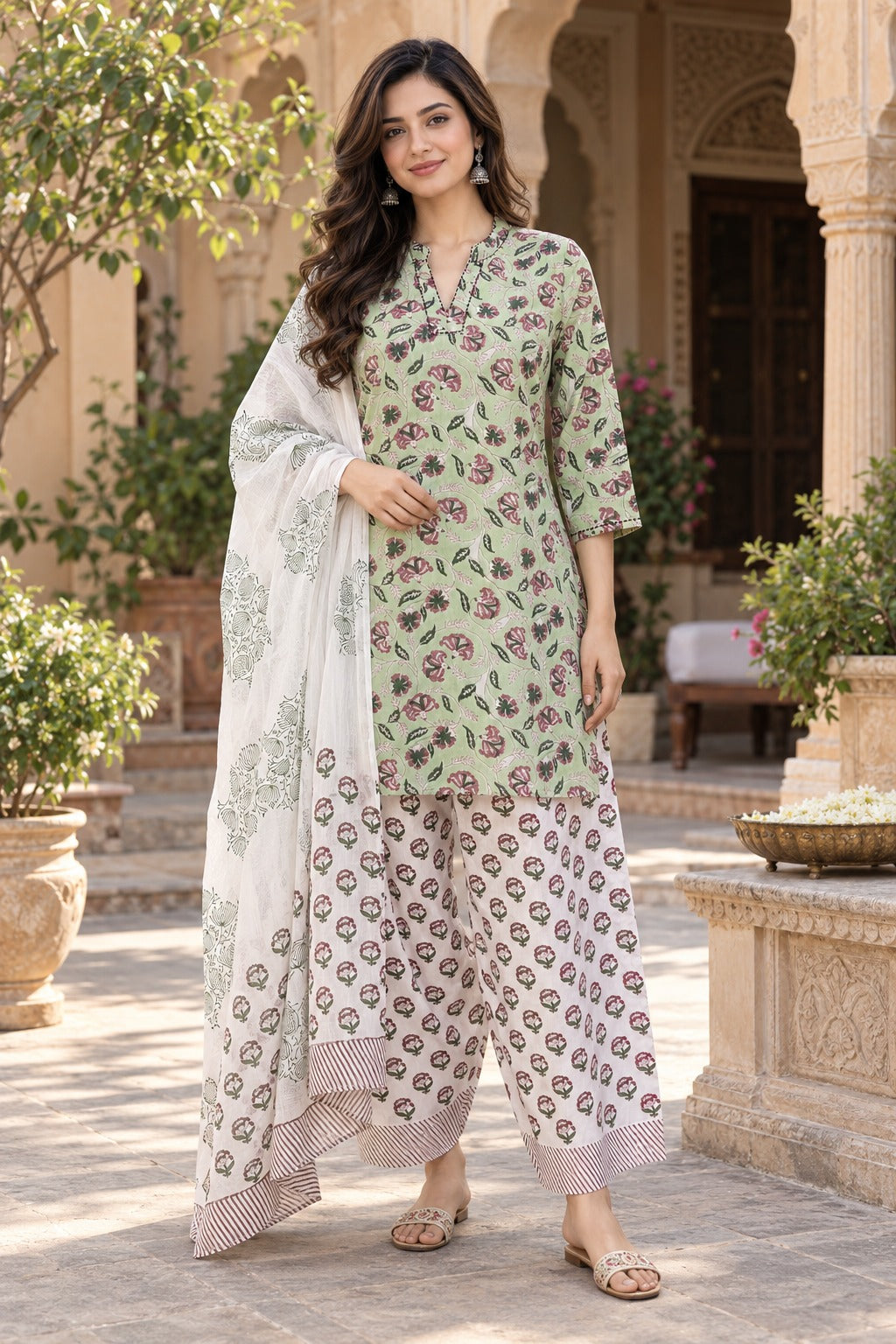 ERISHA Aarvi Sage Green Floral Printed Farshi Salwar Suit Set with Dupatta