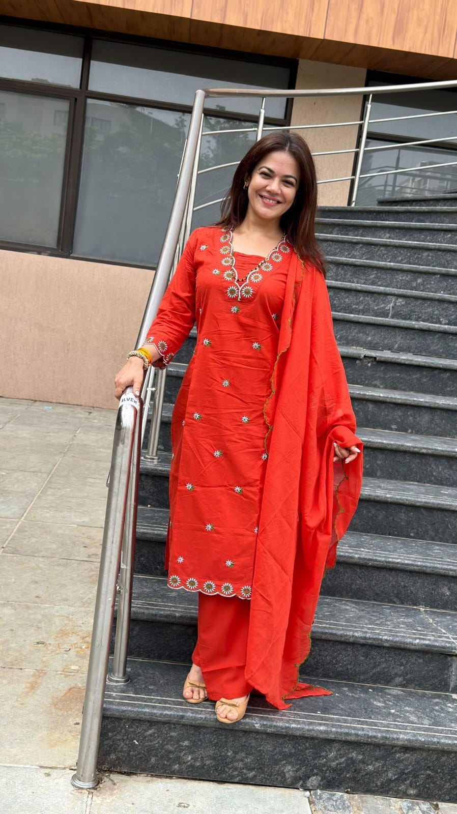 Erisha Women's Orange Embroidered cotton kurta Pant Set with Dupatta| Ethnic wear for women