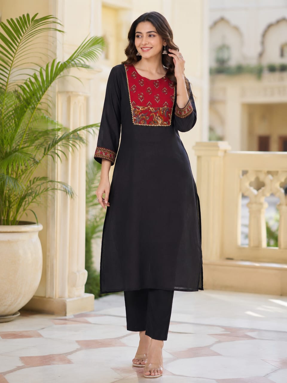 Black Cotton Kurta Pant Set with Rust Printed Dupatta for Women | Straight Fit Ethnic Suit Set | Festive & Office Wear