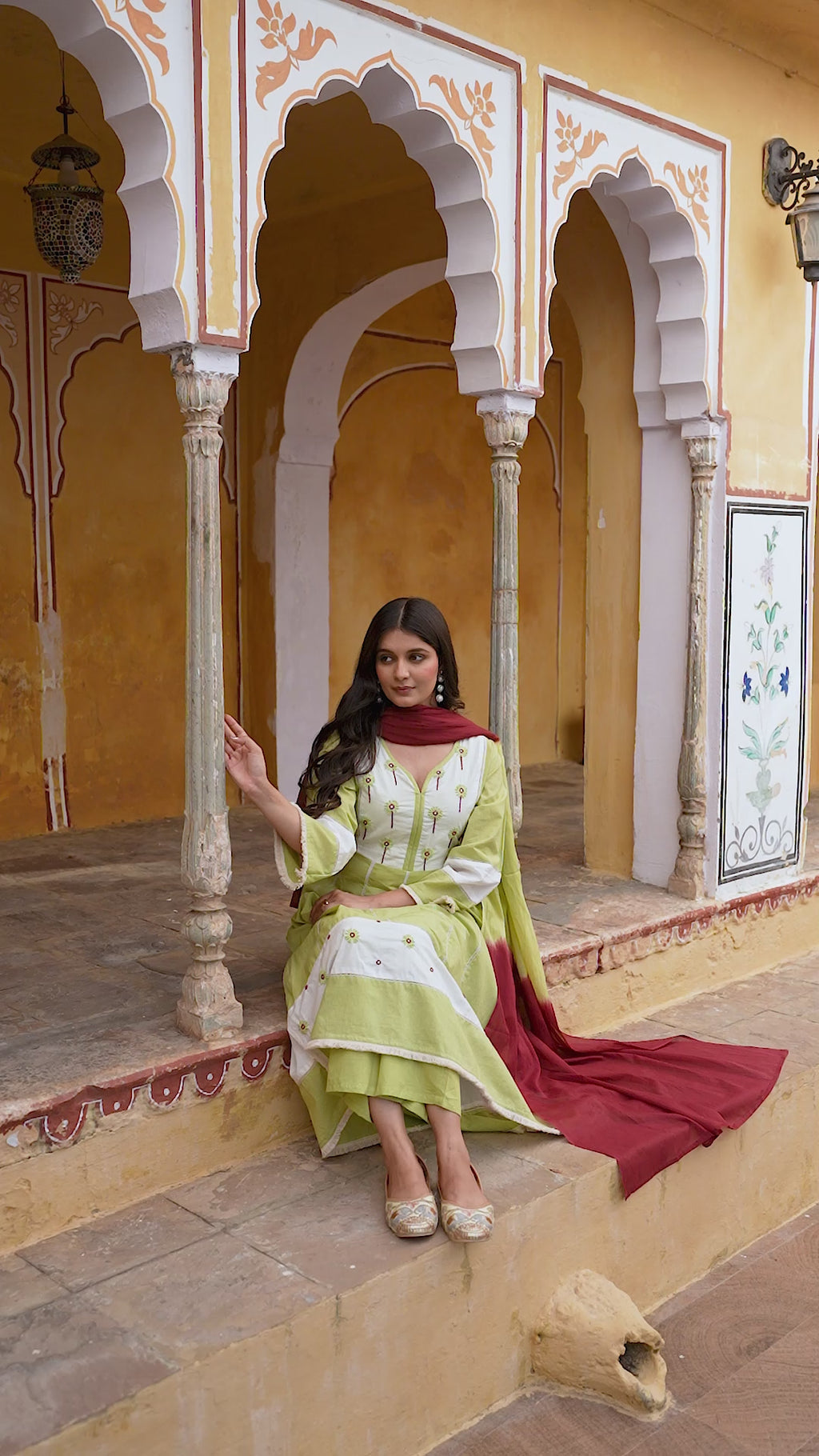 Erisha Womens Lime green Hand embroidered A line Kurta pant Dupatta set