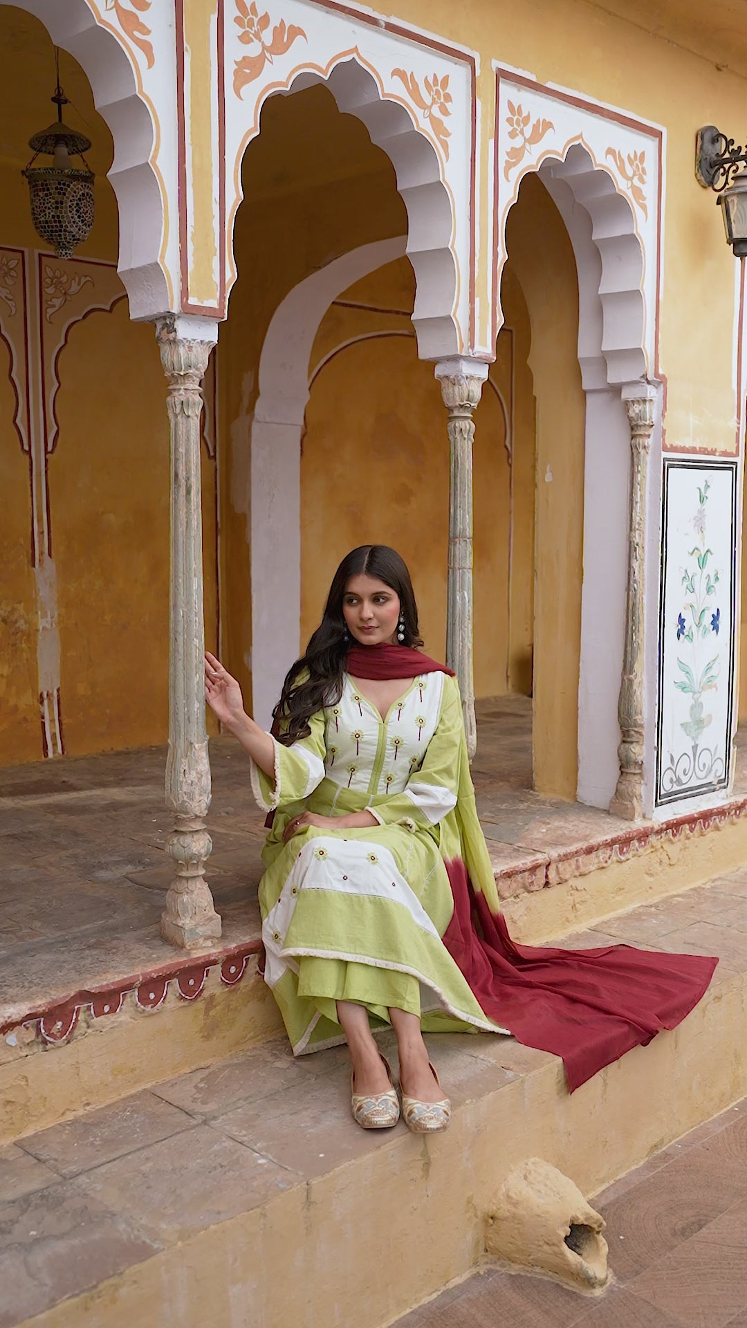 Erisha Womens Lime green Hand embroidered A line Kurta pant Dupatta set