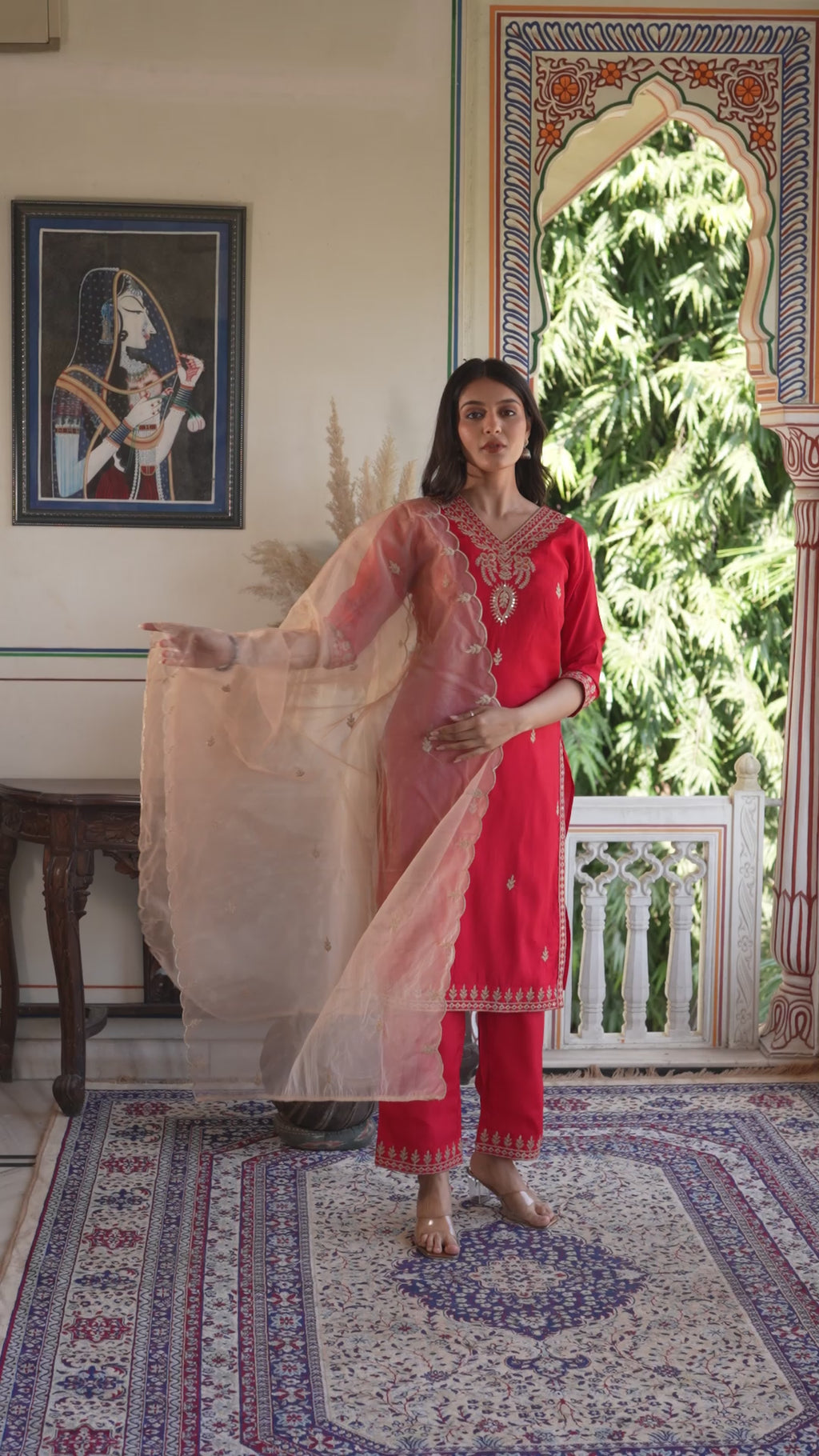 Modal Chanderi embroidered kurta pant dupatta set.