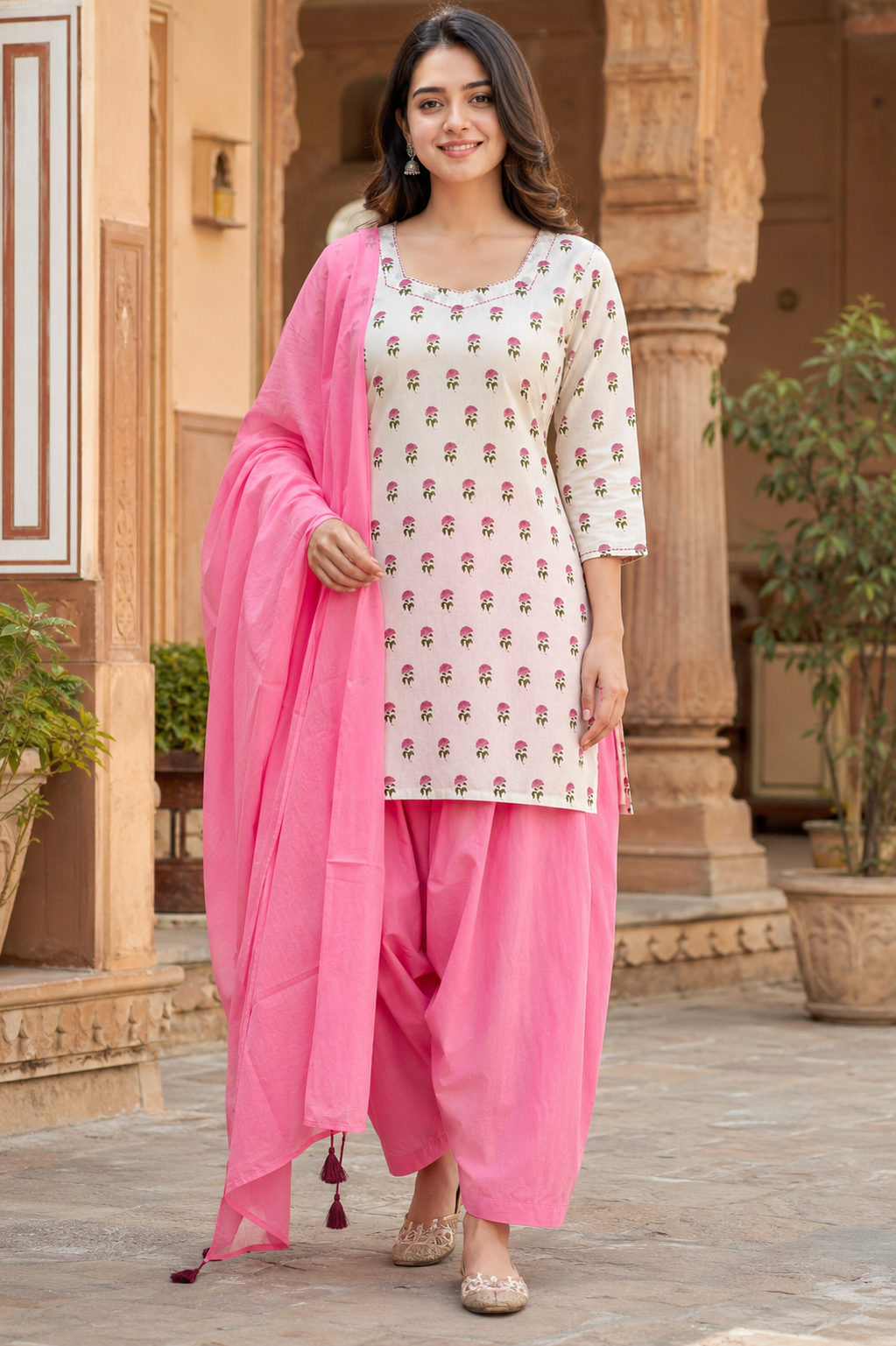 ERISHA Off-White Hand Block Printed Cotton Farshi Salwar Suit Set – 3 Piece